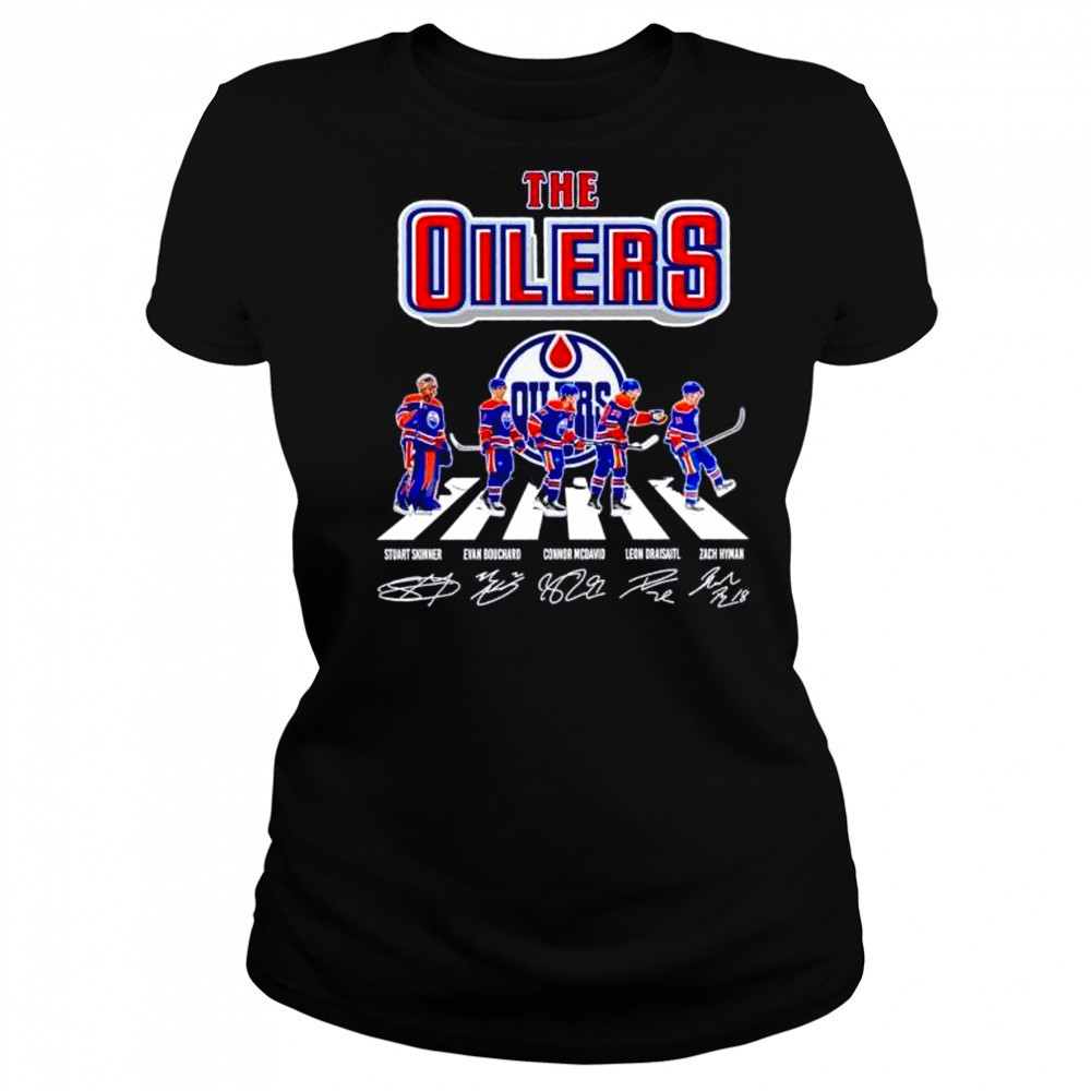 The Oilers Skinner Bouchard McDavid Draisaitl Hyman abbey road signatures shirt Women's T-shirt