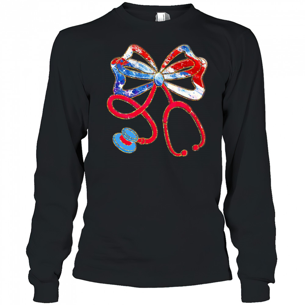 Patriotic Nurse Bow Stethoscope shirt Long Sleeved