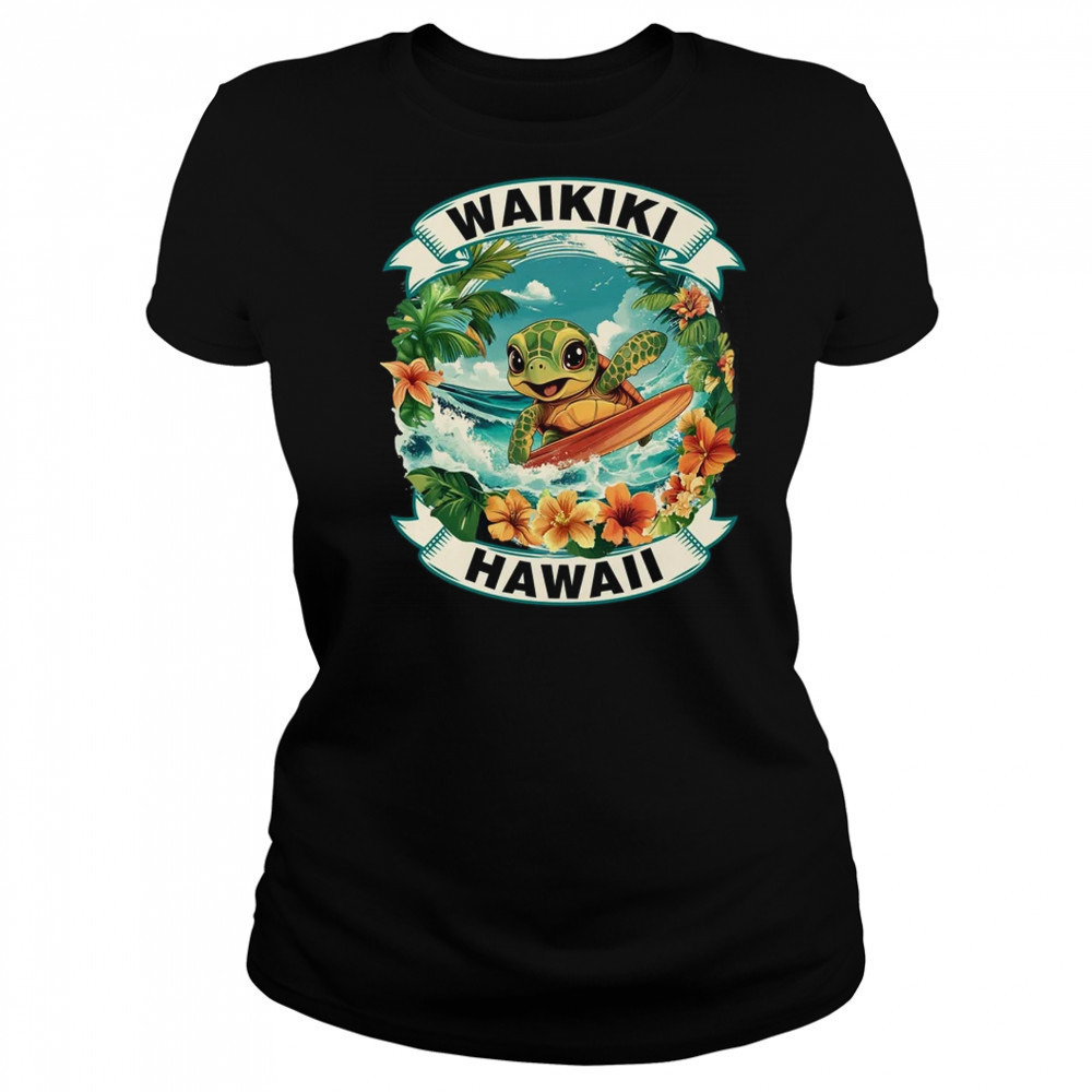 Waikiki Hawaii Cute Sea Turtle Surfing Summer Vacation shirt Women's T-shirt