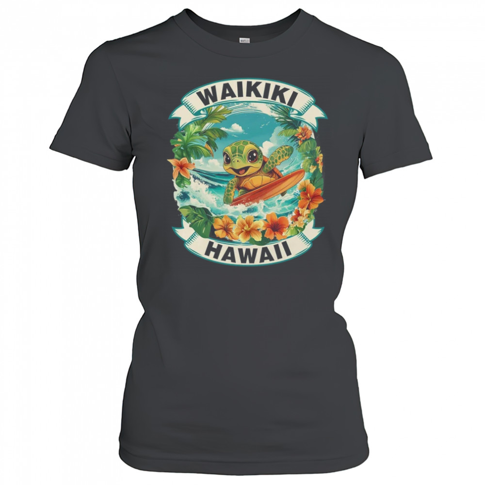 Waikiki Hawaii Cute Sea Turtle Surfing Summer Vacation shirt Women's T-shirt