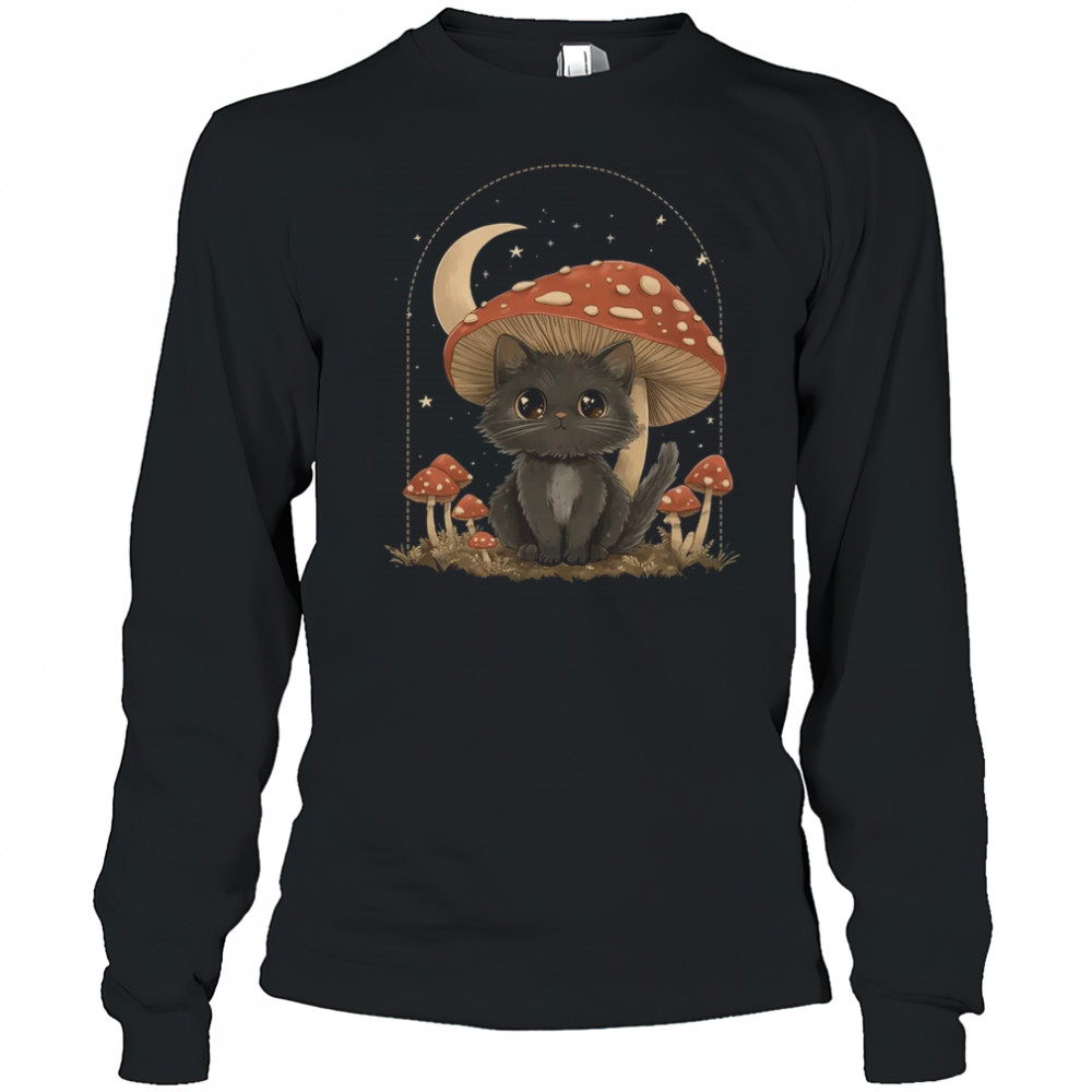 Cottagcore Cat Mushroom Hat Vintage Aesthetic Women shirt Long Sleeved
