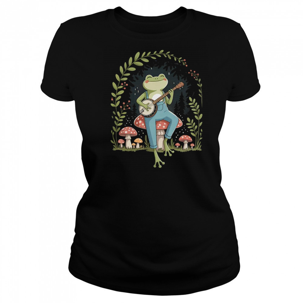 Cottagecore Aesthetic Frog Playing Banjo On Mushroom Cute shirt Women's T-shirt