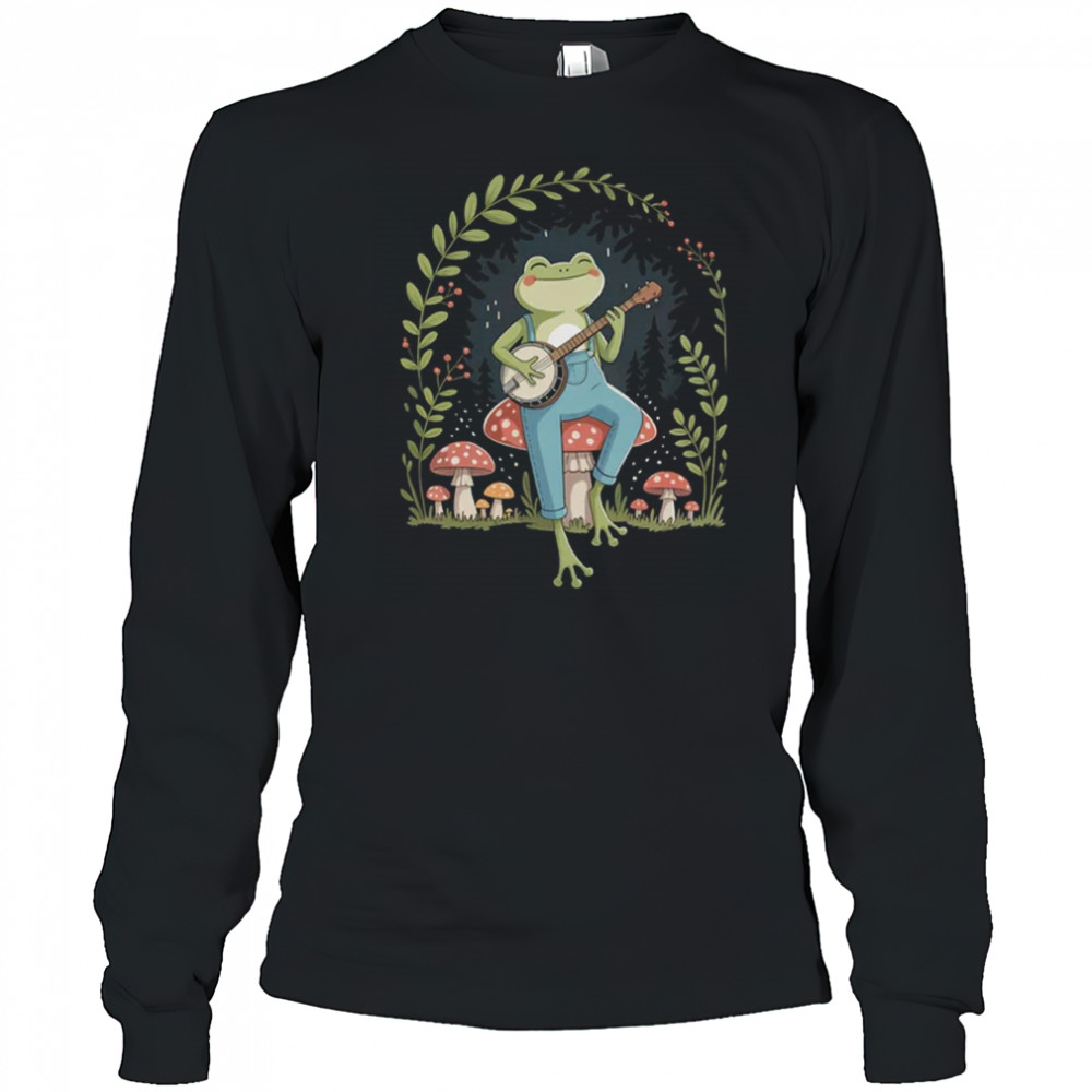 Cottagecore Aesthetic Frog Playing Banjo On Mushroom Cute shirt Long Sleeved