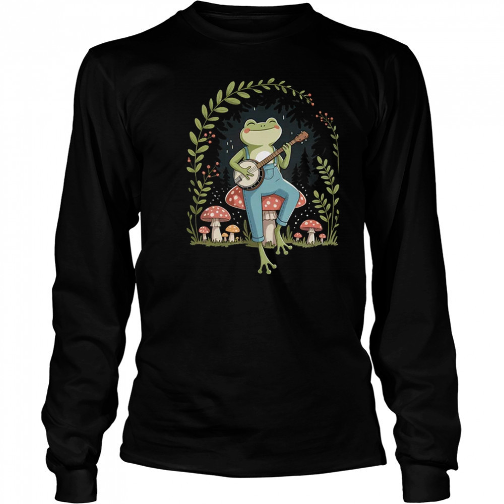 Cottagecore Aesthetic Frog Playing Banjo On Mushroom Cute shirt Long Sleeved