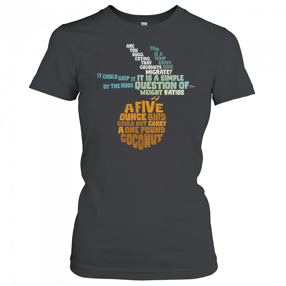 Monty Python and the Holy Grail and the question of whether a swallow can carry a coconut shirt Women's T-shirt