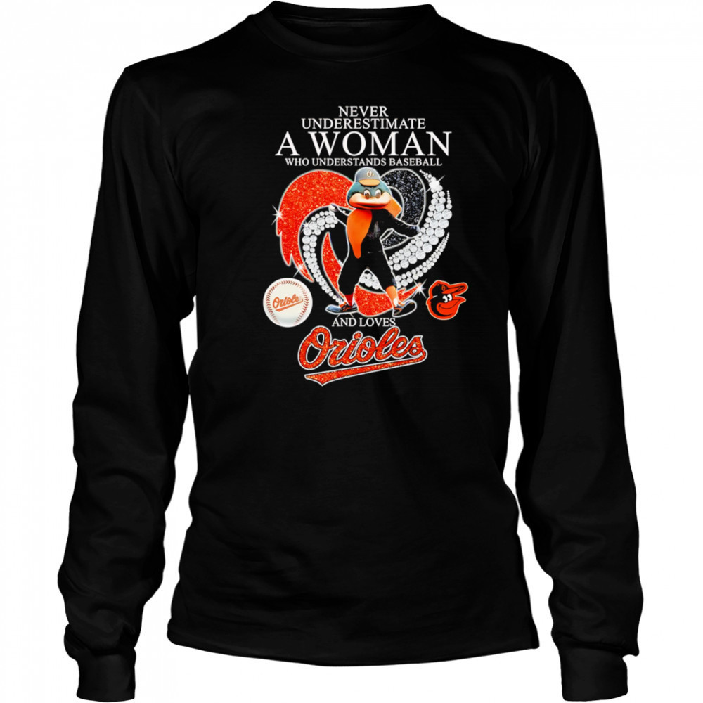 Never underestimate a woman who understands baseball and loves Baltimore Orioles mascot shirt Long Sleeved