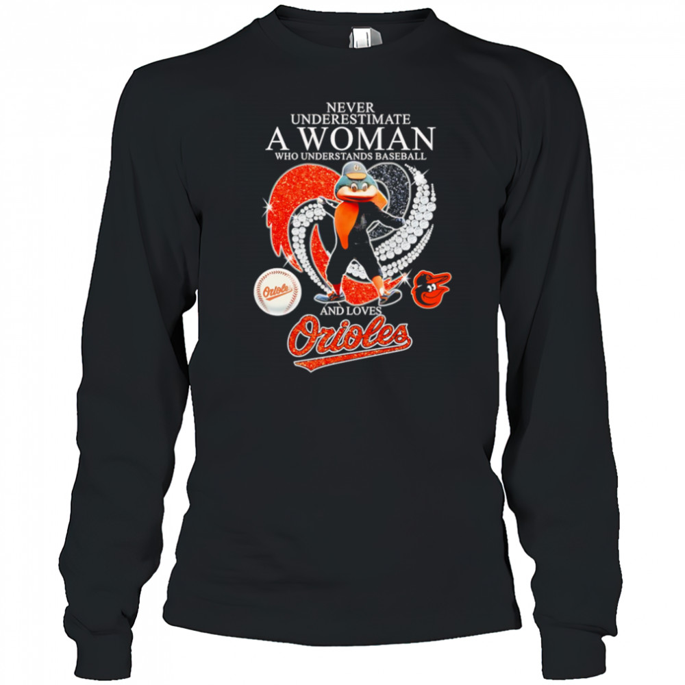 Never underestimate a woman who understands baseball and loves Baltimore Orioles mascot shirt Long Sleeved