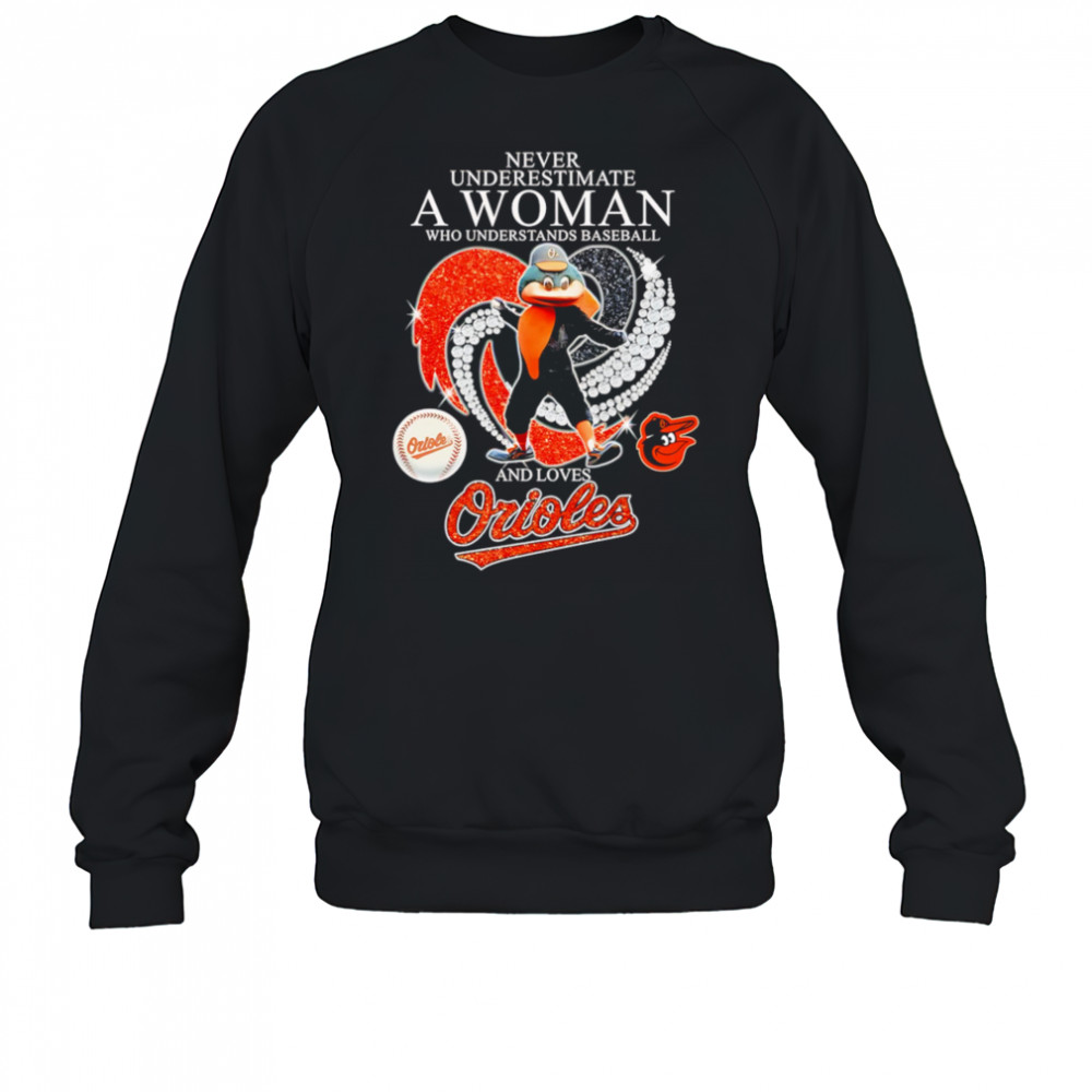 Never underestimate a woman who understands baseball and loves Baltimore Orioles mascot shirt Sweatshirt