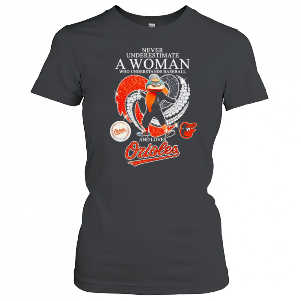 Never underestimate a woman who understands baseball and loves Baltimore Orioles mascot shirt Women's T-shirt