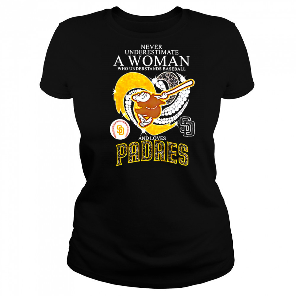 Swinging Friar Never Underestimate a Woman and Loves San Diego Padres diamond heart shirt Women's T-shirt