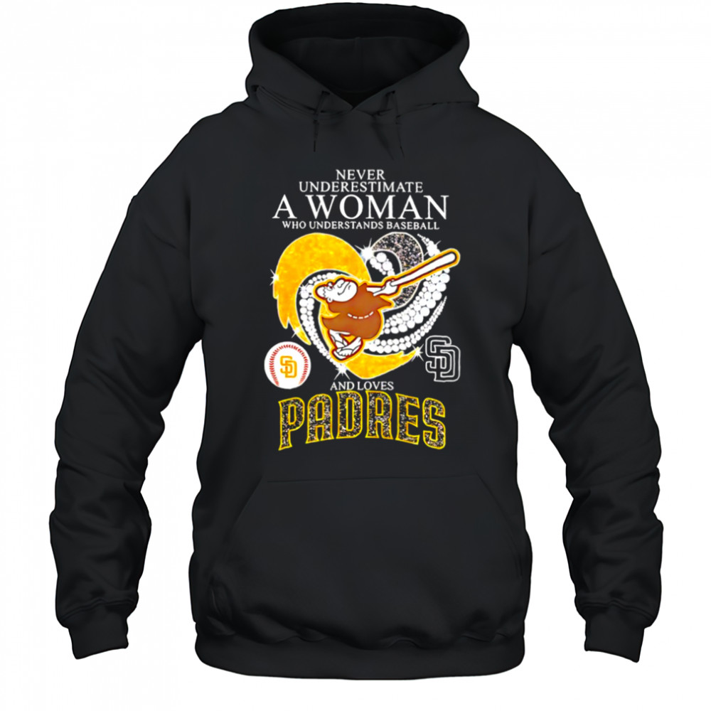 Swinging Friar Never Underestimate a Woman and Loves San Diego Padres diamond heart shirt Hoodie
