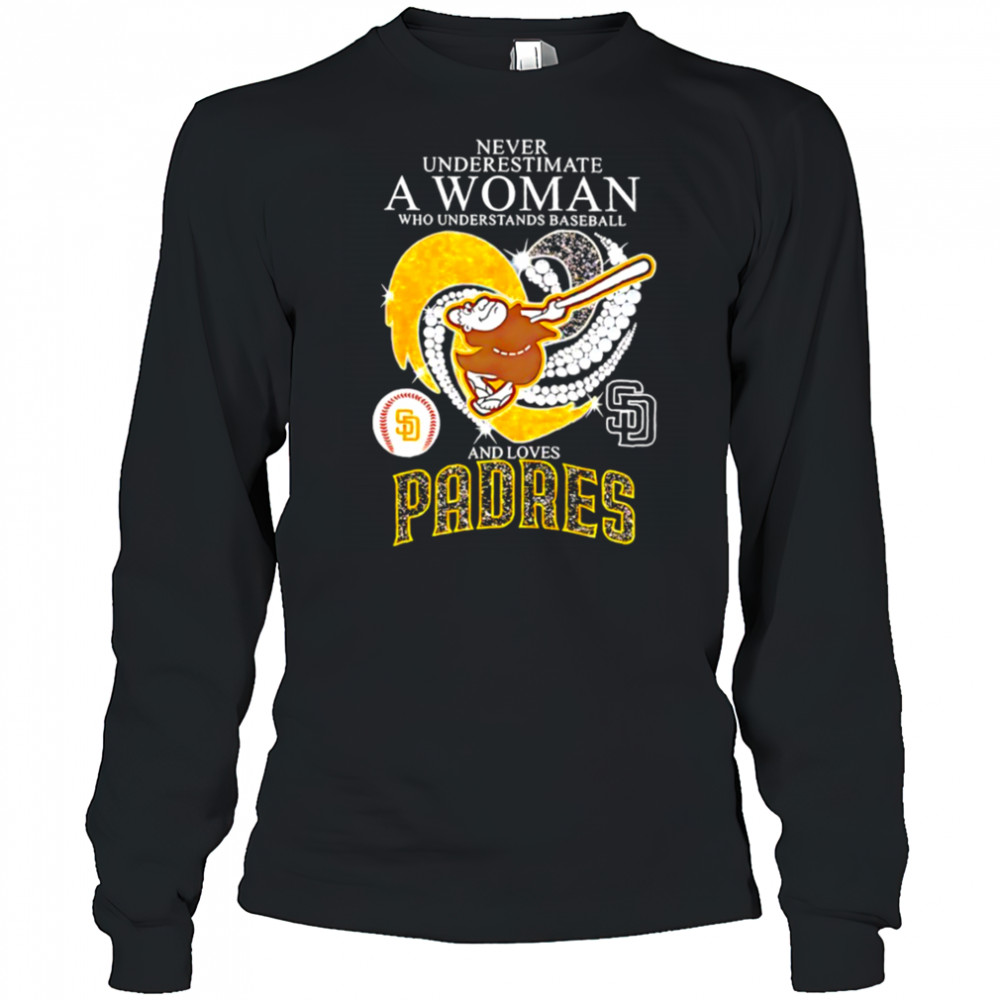 Swinging Friar Never Underestimate a Woman and Loves San Diego Padres diamond heart shirt Long Sleeved