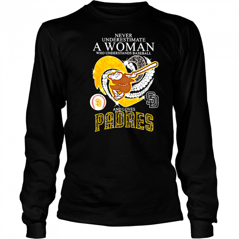 Swinging Friar Never Underestimate a Woman and Loves San Diego Padres diamond heart shirt Long Sleeved