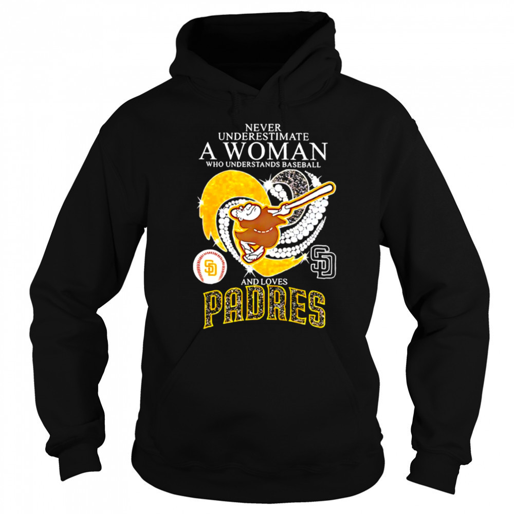 Swinging Friar Never Underestimate a Woman and Loves San Diego Padres diamond heart shirt Sweatshirt