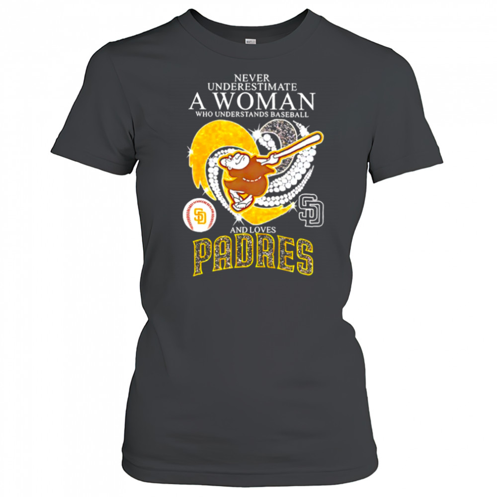 Swinging Friar Never Underestimate a Woman and Loves San Diego Padres diamond heart shirt Women's T-shirt