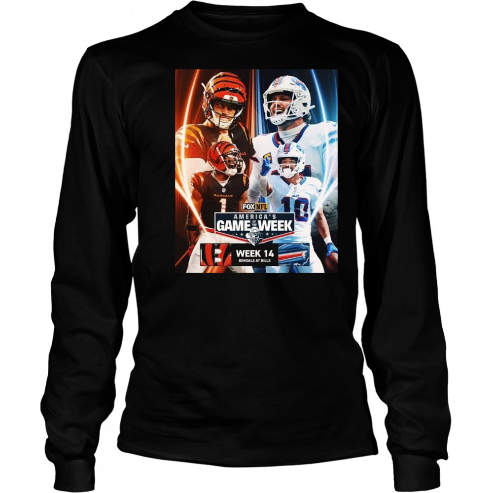 Week 14 in America’s Game Of The Week Burrow vs Allen Cincinnati Bengals at Buffalo Bills NFL Dec 8 2025 t-shirt Long Sleeved
