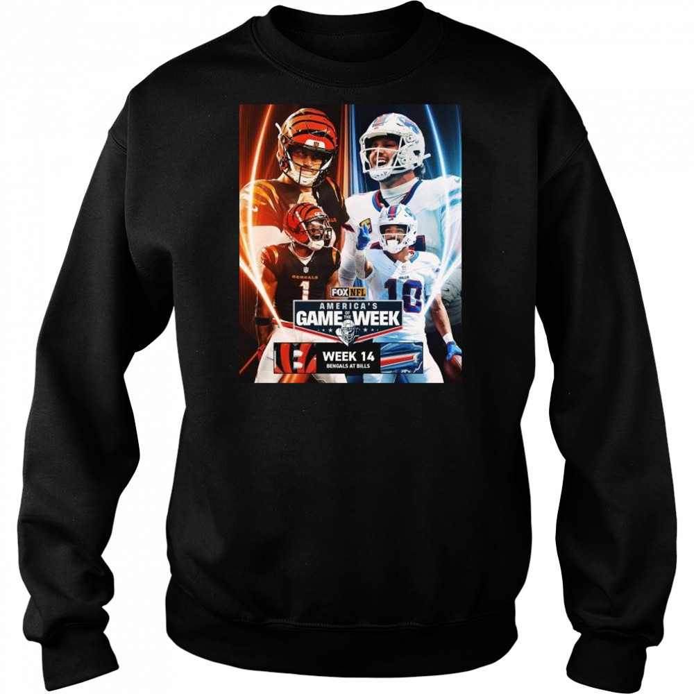 Week 14 in America’s Game Of The Week Burrow vs Allen Cincinnati Bengals at Buffalo Bills NFL Dec 8 2025 t-shirt Hoodie