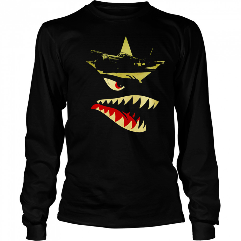 Military Fighter Plane Star Emblem Angry Shark Mouth Graphic Vintage War Art shirt Long Sleeved