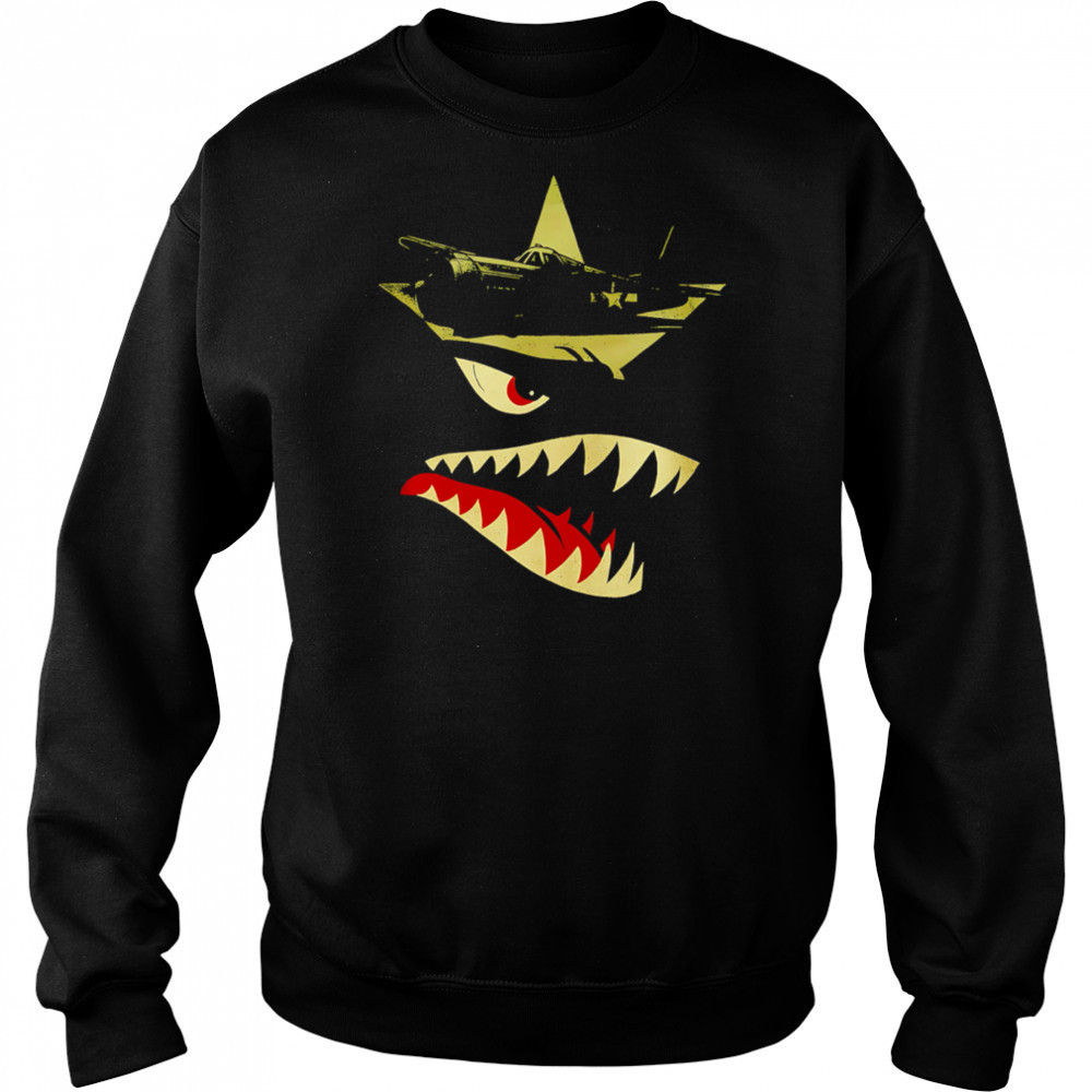 Military Fighter Plane Star Emblem Angry Shark Mouth Graphic Vintage War Art shirt Hoodie