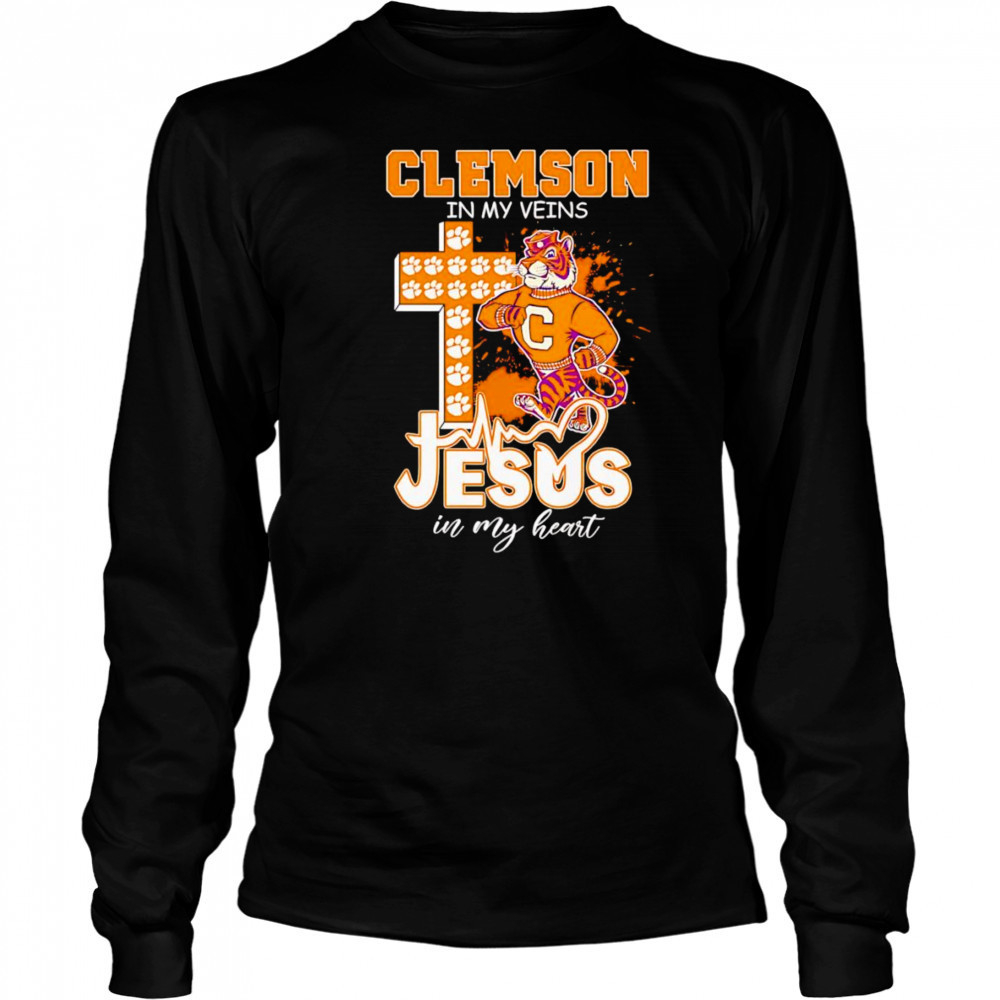 Clemson in my veins Jesus in my heart mascot shirt Long Sleeved