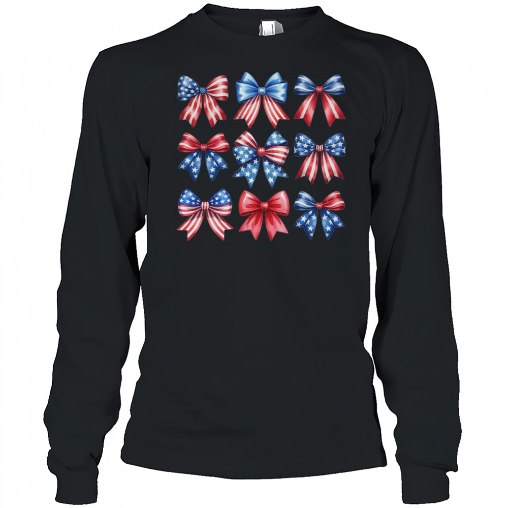Coquette Bow Patriotic American Flag Retro July Of 4th Girls shirt Long Sleeved