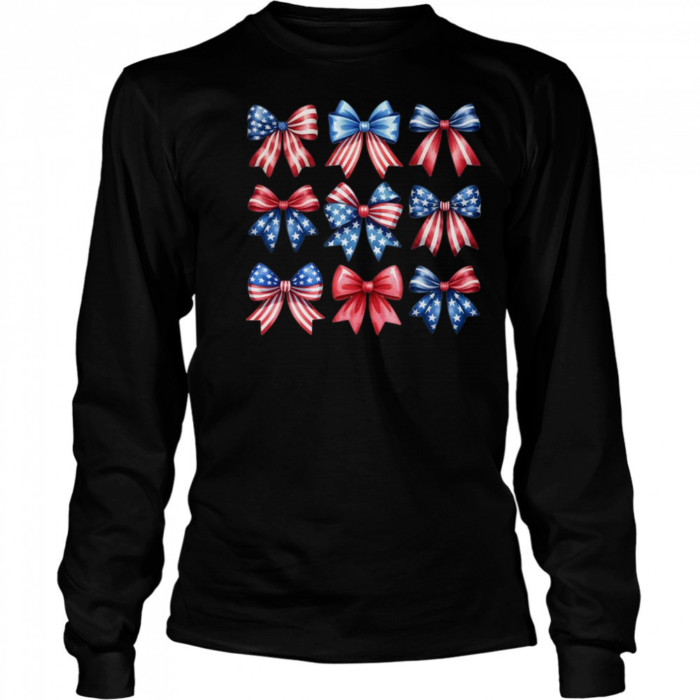 Coquette Bow Patriotic American Flag Retro July Of 4th Girls shirt Long Sleeved