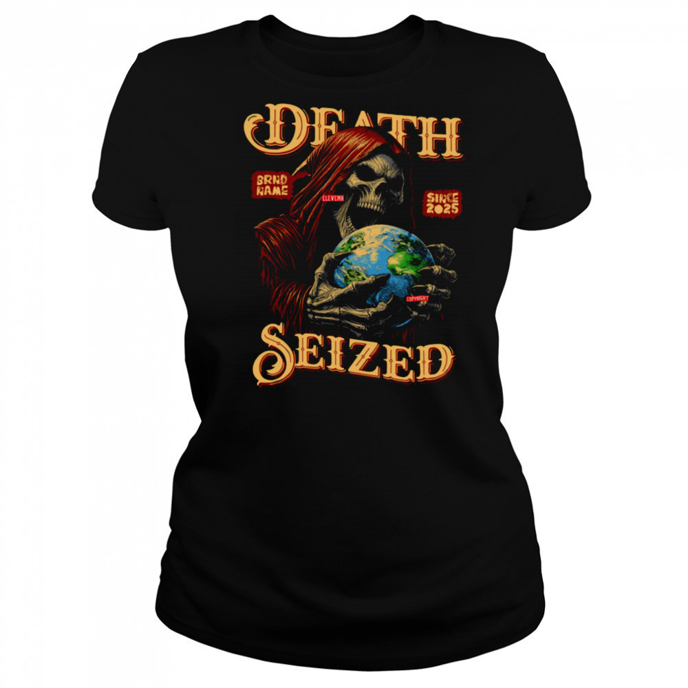 DEATH SEIZED Graphic ELEVENX 2025 Grim Reaper Globe T-shirt Women's T-shirt
