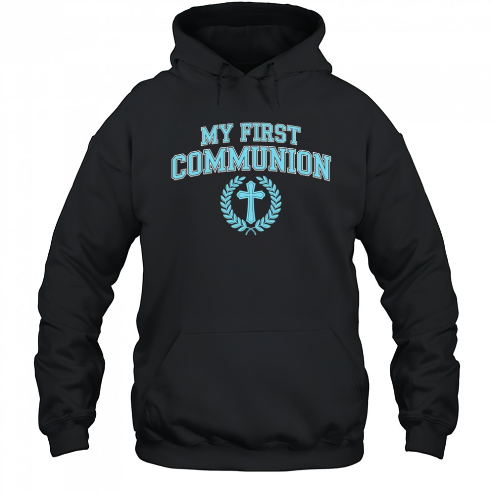 My First Communion Boys Catholic Religious Cross Blue shirt Hoodie