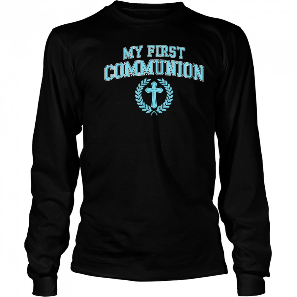 My First Communion Boys Catholic Religious Cross Blue shirt Long Sleeved