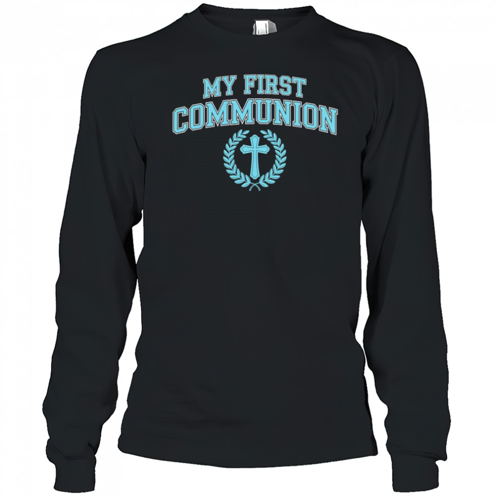 My First Communion Boys Catholic Religious Cross Blue shirt Long Sleeved