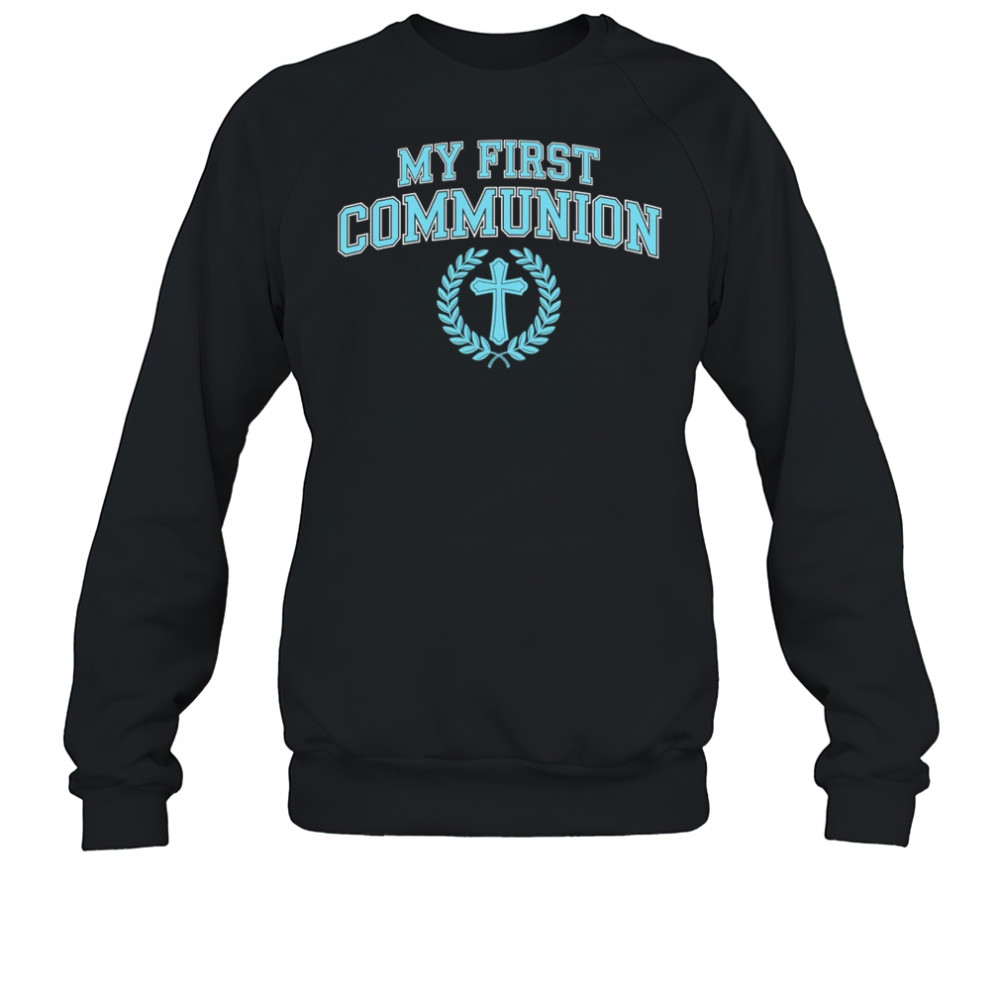 My First Communion Boys Catholic Religious Cross Blue shirt Sweatshirt