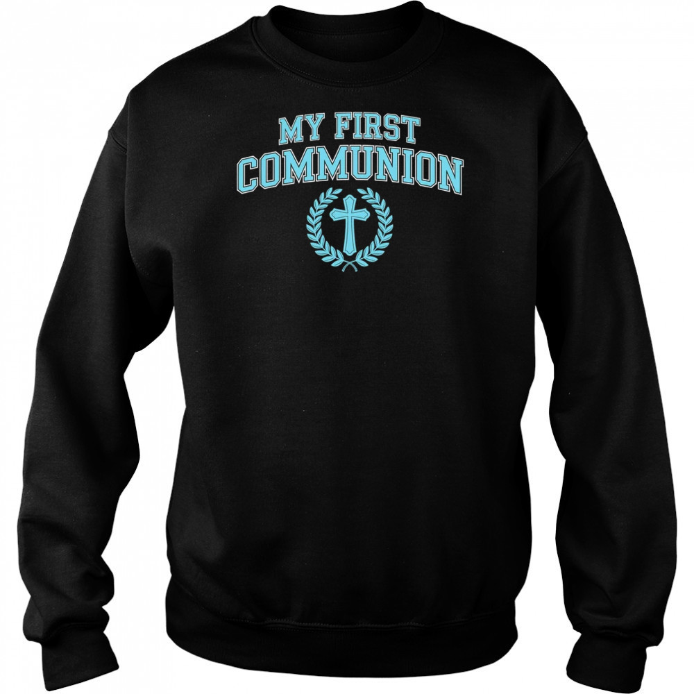 My First Communion Boys Catholic Religious Cross Blue shirt Hoodie