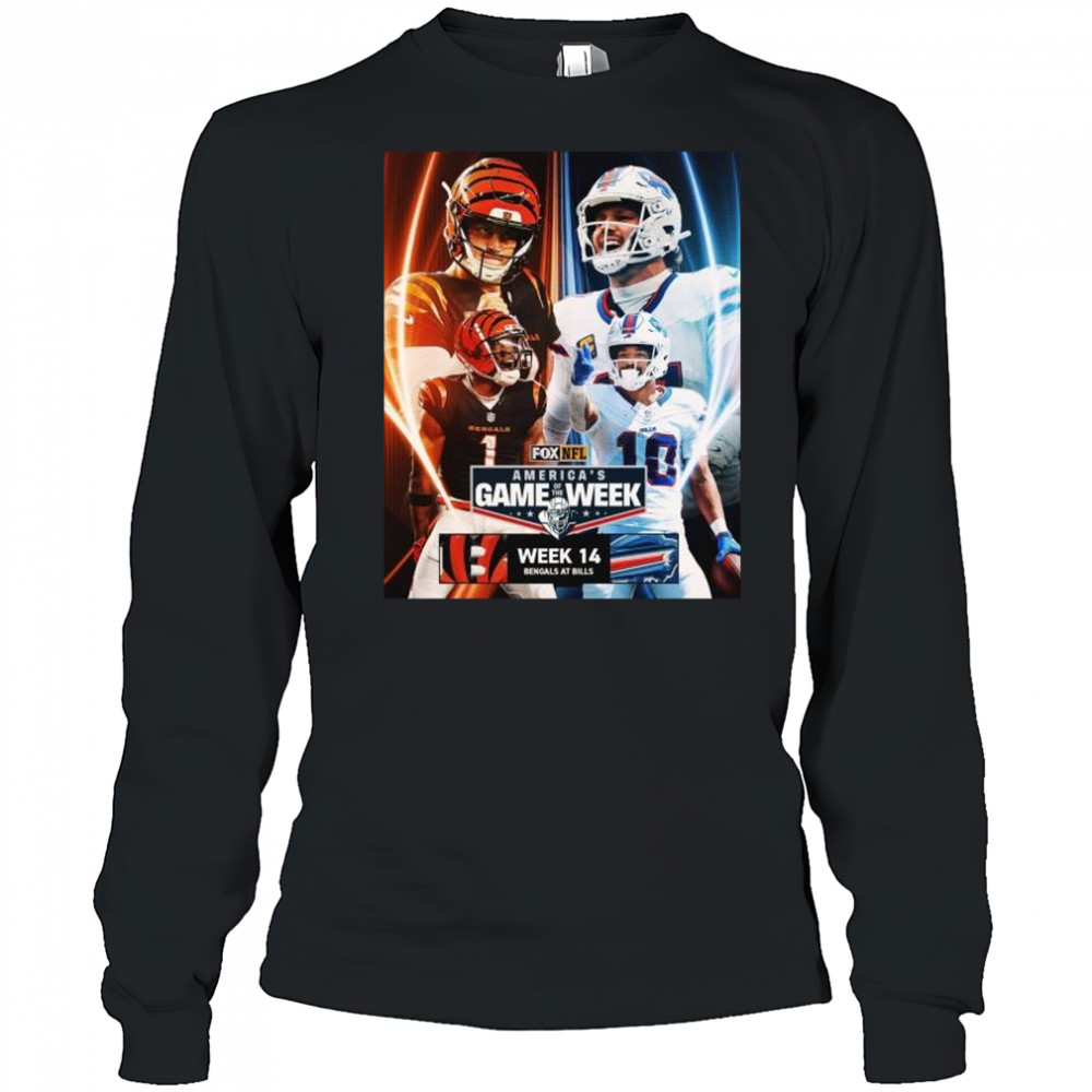 Week 14 in America’s Game Of The Week Burrow vs Allen Cincinnati Bengals at Buffalo Bills NFL Dec 8 2025 t-shirt Long Sleeved