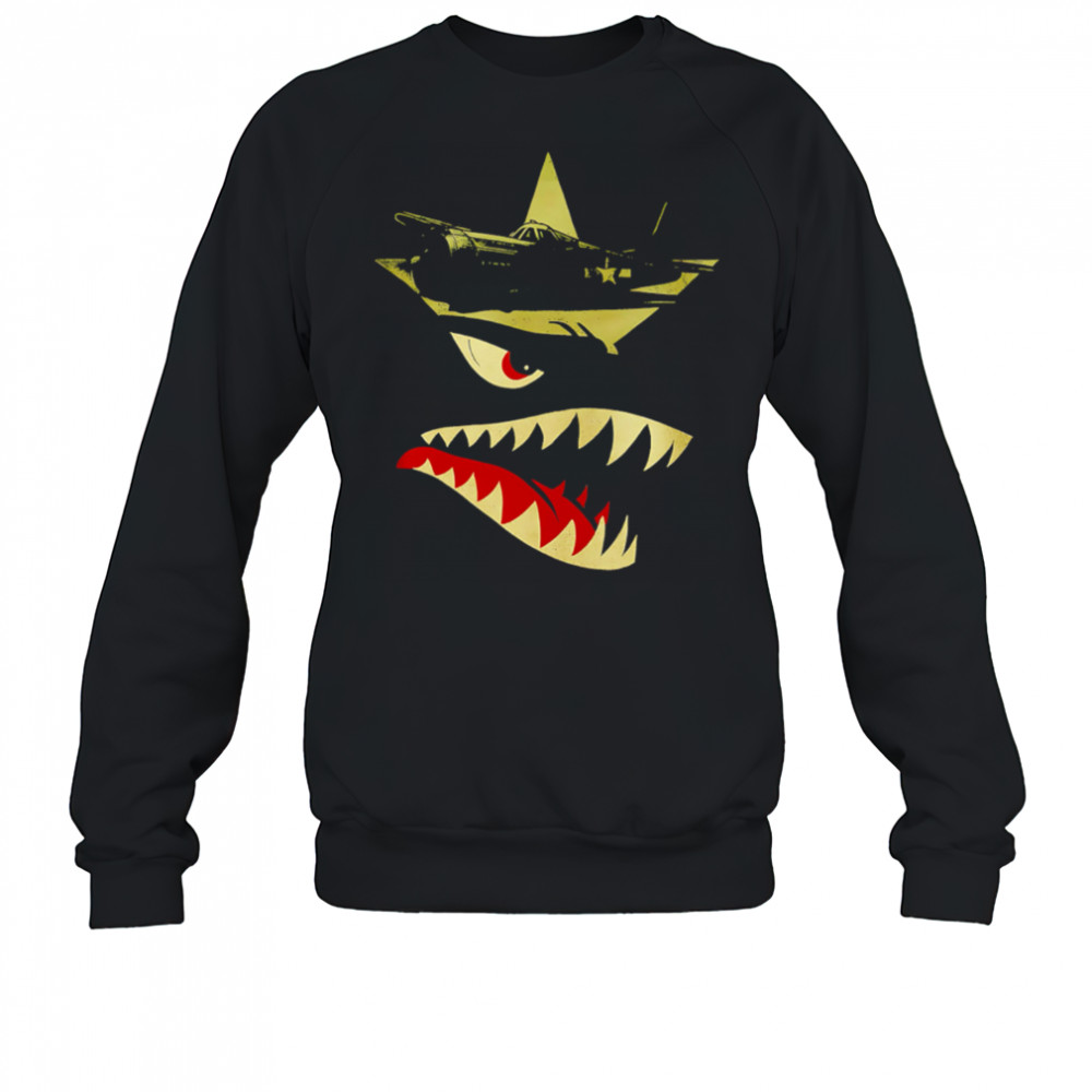 Military Fighter Plane Star Emblem Angry Shark Mouth Graphic Vintage War Art shirt Sweatshirt