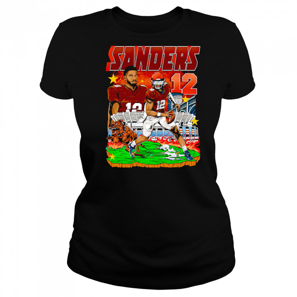 Sanders 12 Football Player Brown Jersey Stadium Bulldog Comic Style Graphic Shirt Women's T-shirt