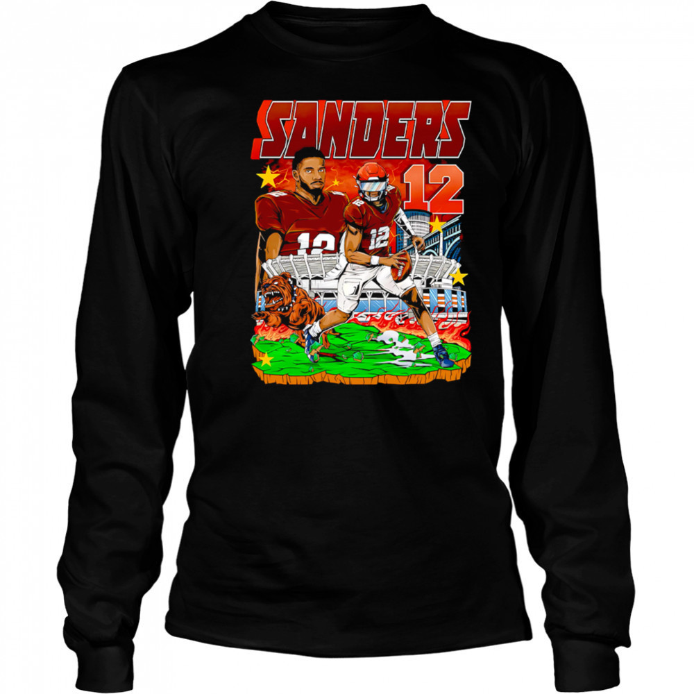 Sanders 12 Football Player Brown Jersey Stadium Bulldog Comic Style Graphic Shirt Long Sleeved