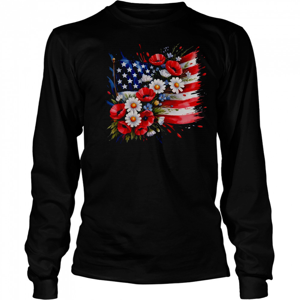 Floral Flag American Flag 4th Of July America Patriotic shirt Long Sleeved
