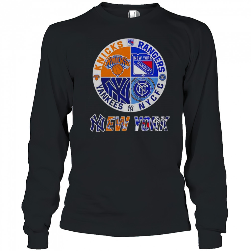 New York Yankees Knicks Rangers NYCFC 4 Teams Sports Circle Logo T-Shirt Long Sleeved