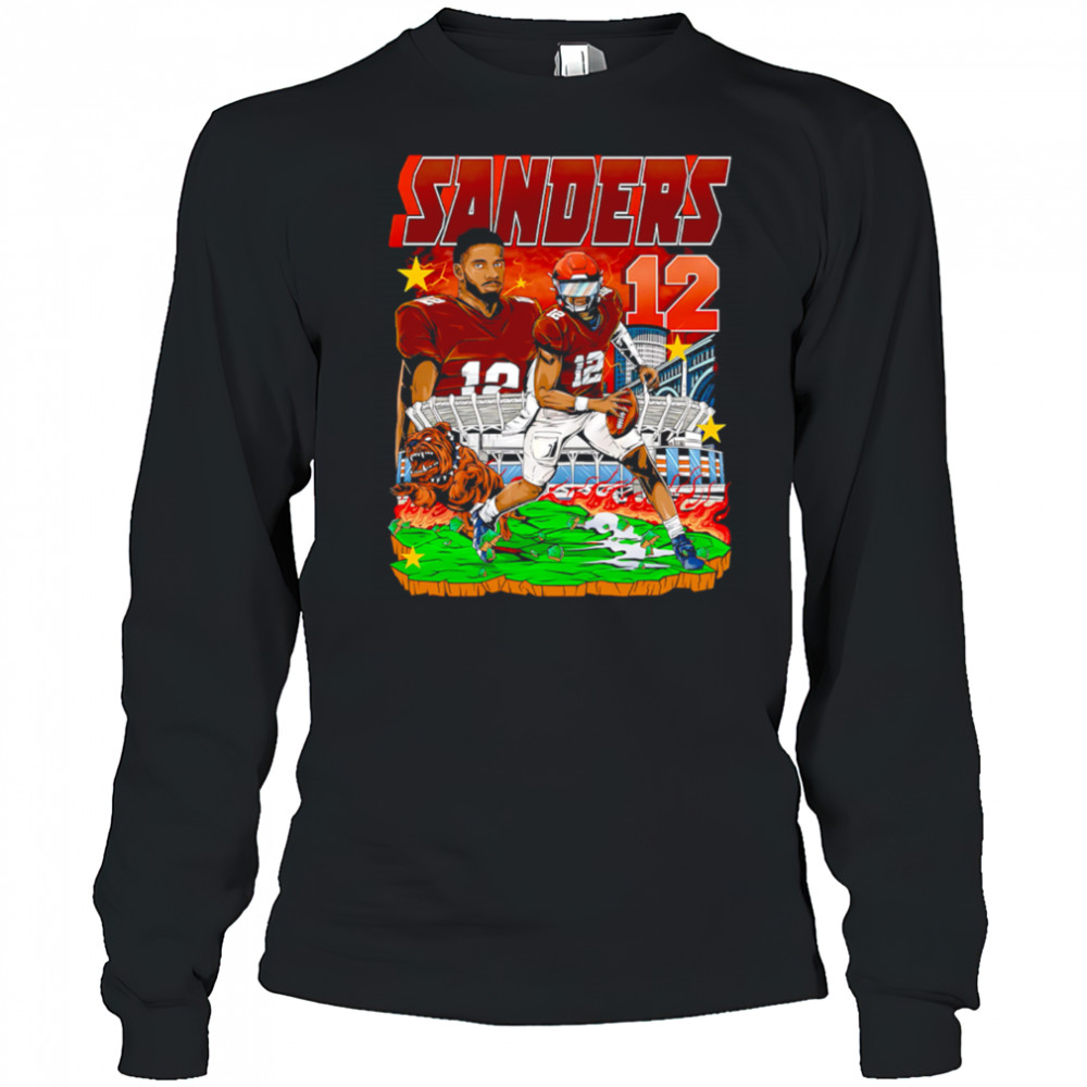 Sanders 12 Football Player Brown Jersey Stadium Bulldog Comic Style Graphic Shirt Long Sleeved