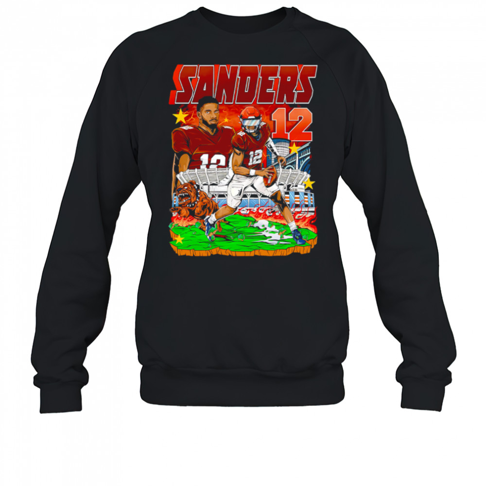 Sanders 12 Football Player Brown Jersey Stadium Bulldog Comic Style Graphic Shirt Sweatshirt