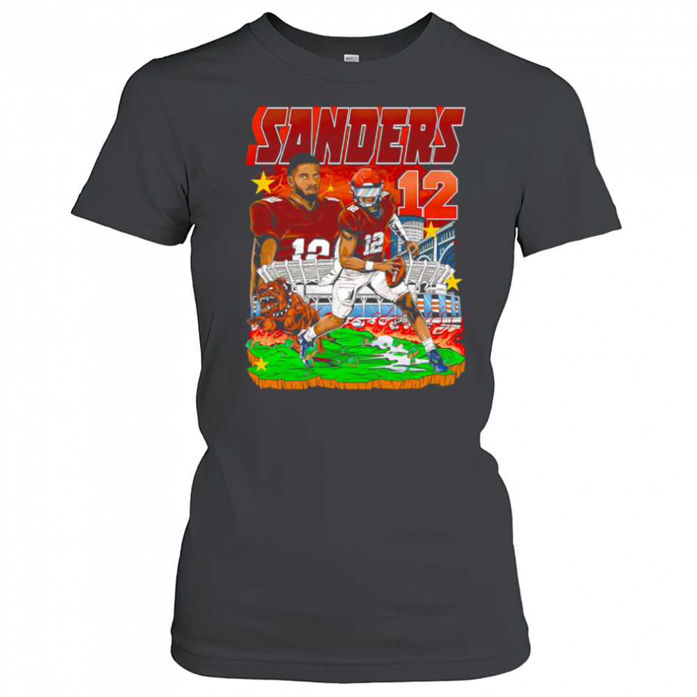 Sanders 12 Football Player Brown Jersey Stadium Bulldog Comic Style Graphic Shirt Women's T-shirt