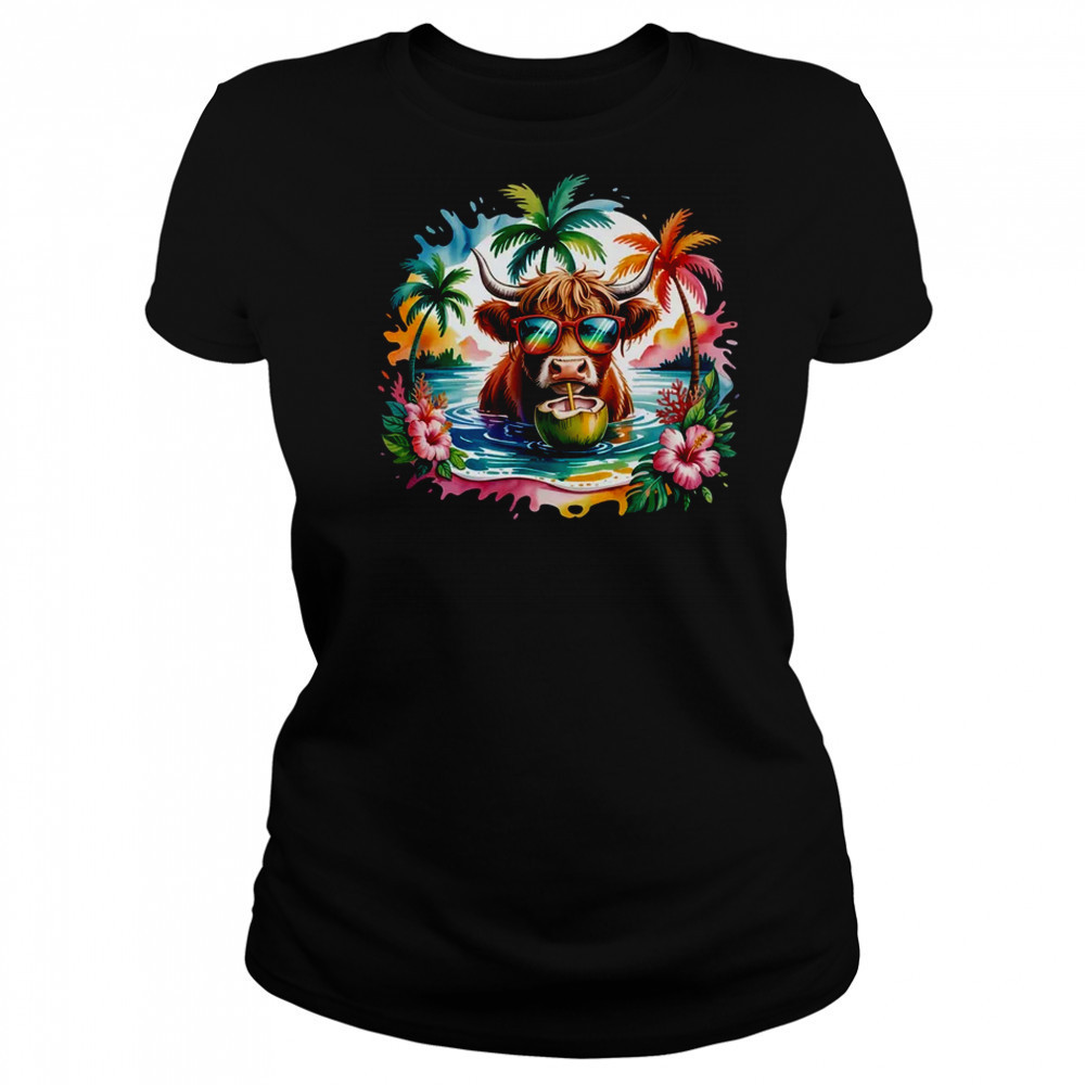 Tropical Highland Cow Summer Vibes Funny Beach Girls Women shirt Women's T-shirt
