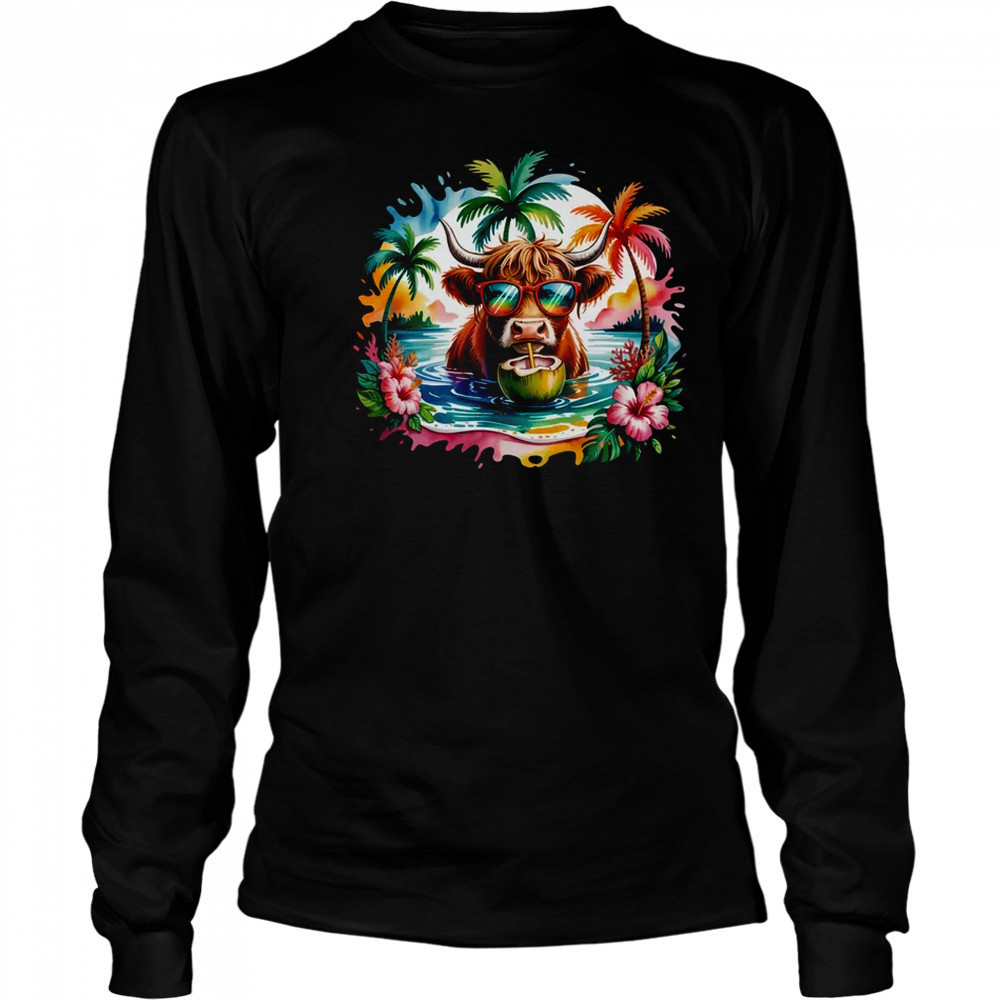 Tropical Highland Cow Summer Vibes Funny Beach Girls Women shirt Long Sleeved