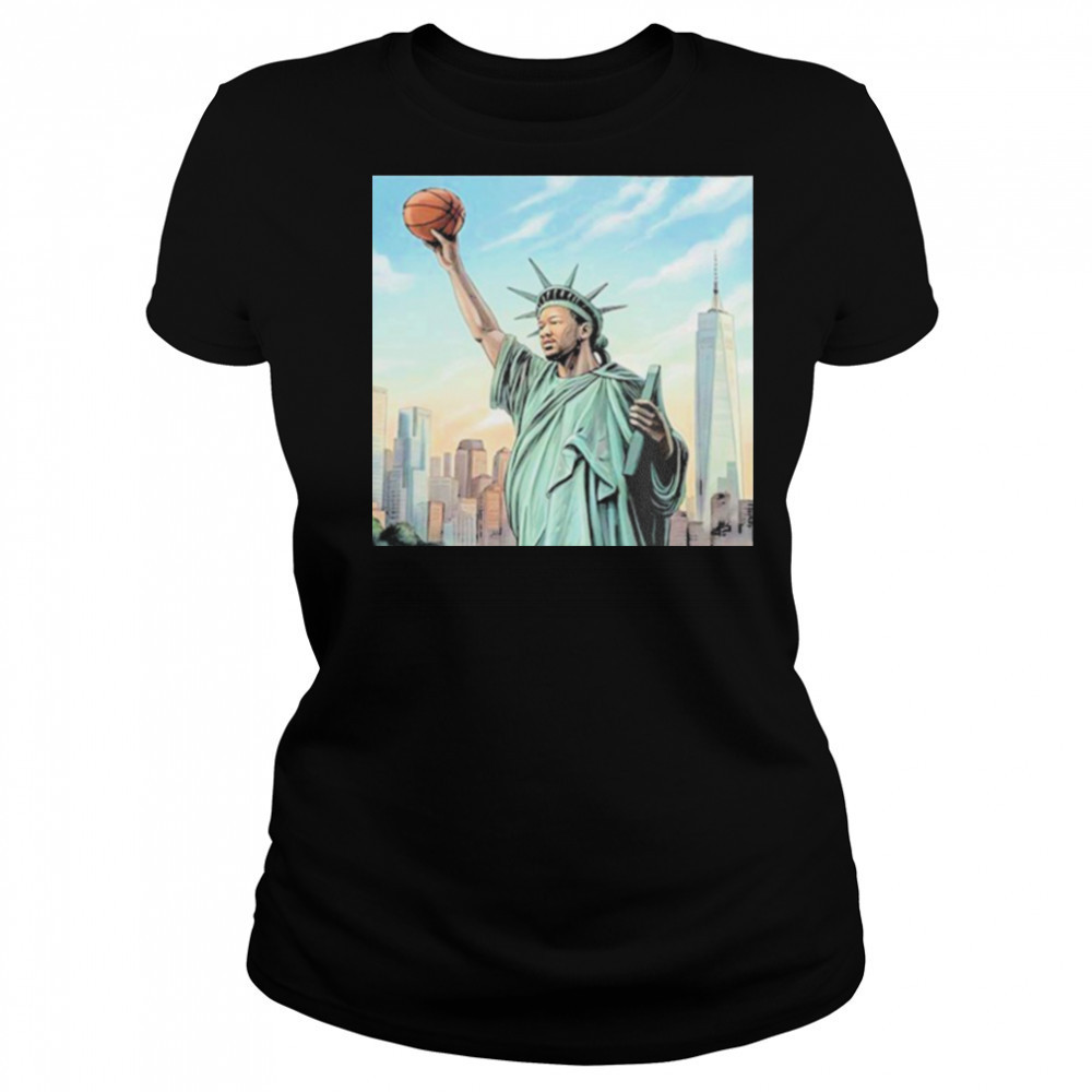 Jalen Brunson New York Knicks Statue Of Liberty Cover Nike Kobe 6 PE’s NBA 2025 T shirts Women's T-shirt