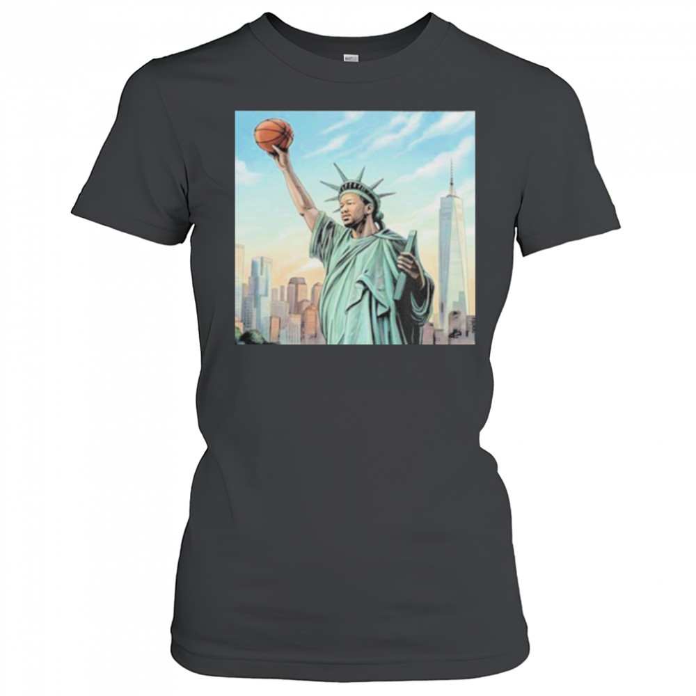 Jalen Brunson New York Knicks Statue Of Liberty Cover Nike Kobe 6 PE’s NBA 2025 T shirts Women's T-shirt