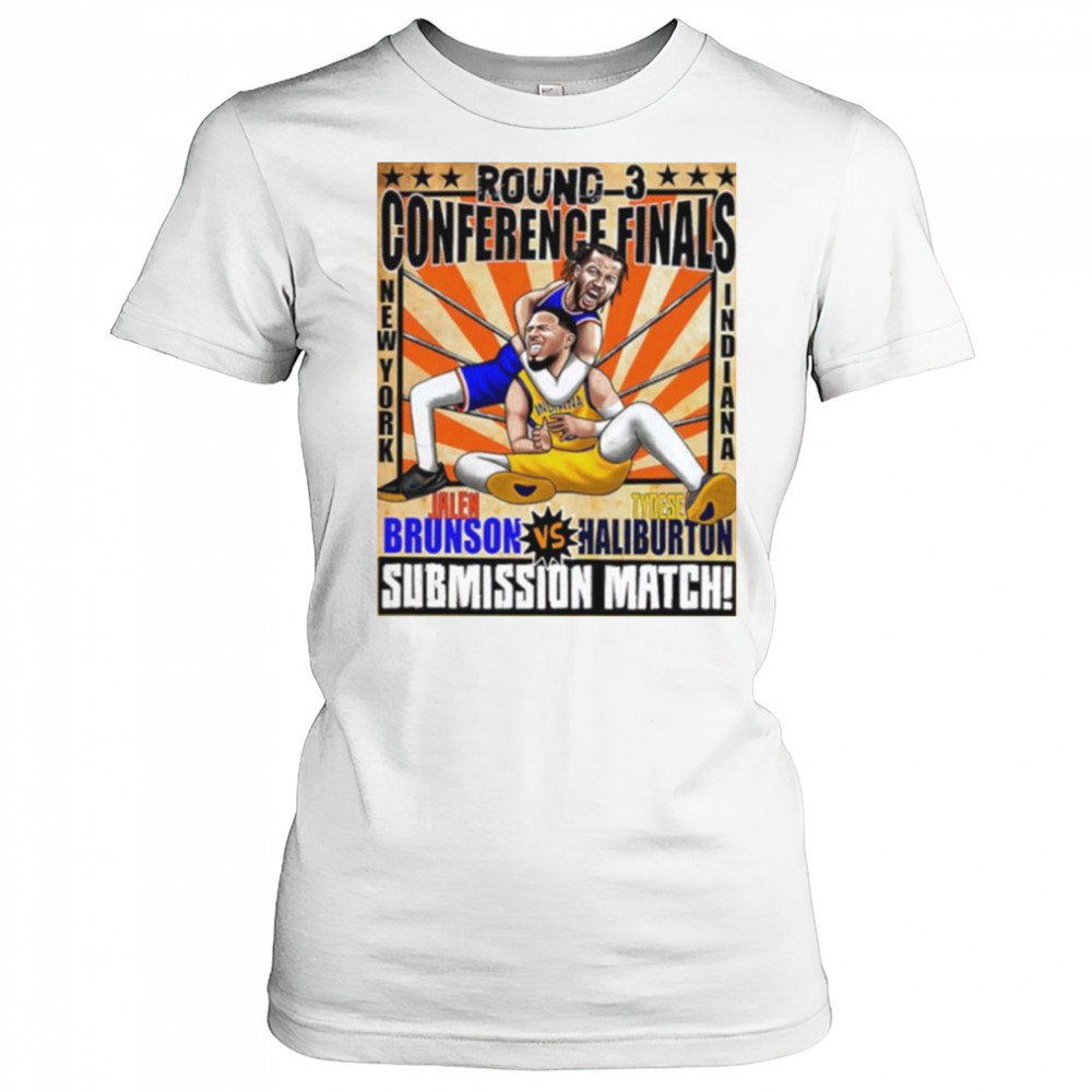 Round 3 Conference Finals Jalen Brunson vs Tyrese Haliburton submission match caricature shirt Women's T-shirt