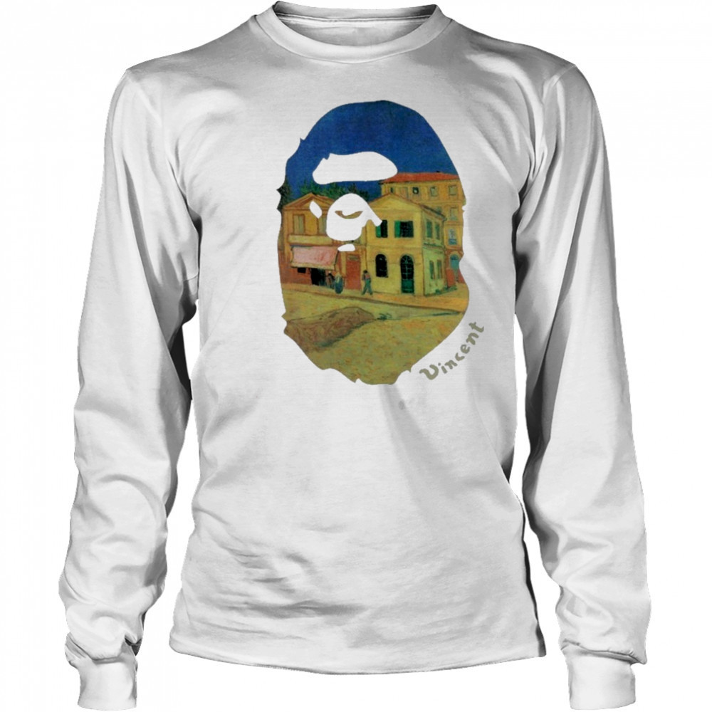 Bape x Van Gogh Museum Ape Head Canvas Art Yellow House Ape shirt Long Sleeved
