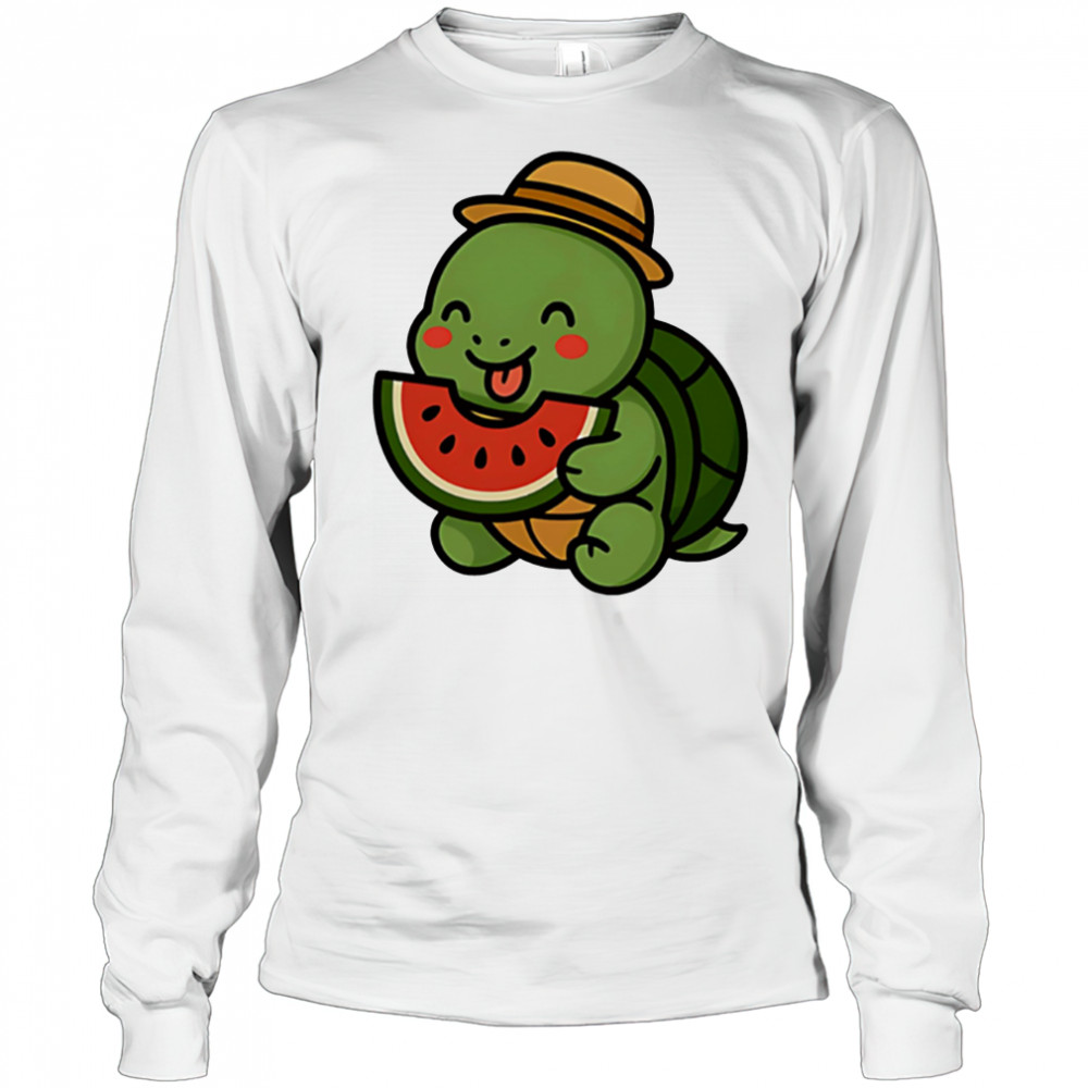 Cheerful turtle eating watermelon cute summer shirt Long Sleeved