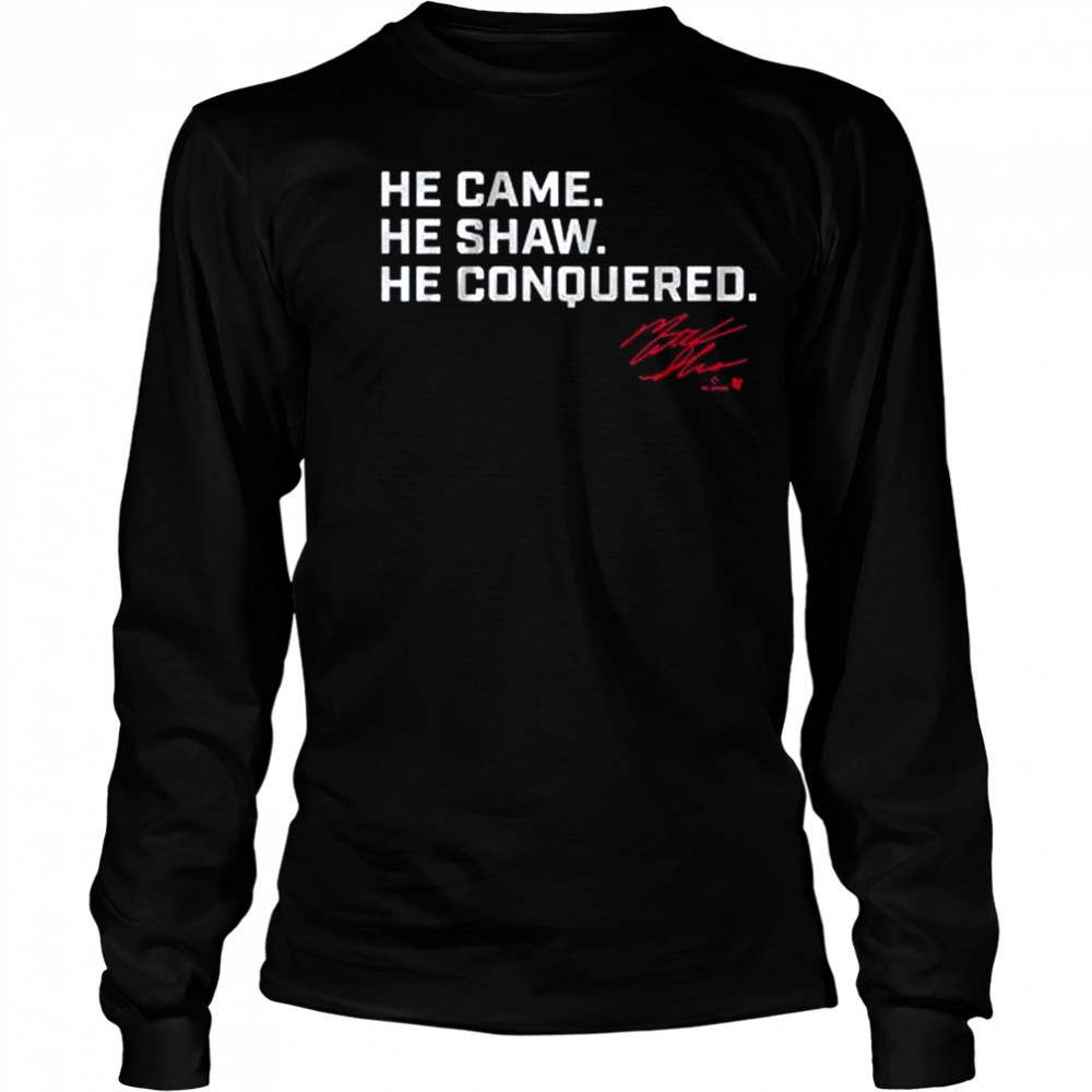 Matt Shaw He Came. He Shaw. He Conquered. Chicago Cubs MLB t-shirt Long Sleeved