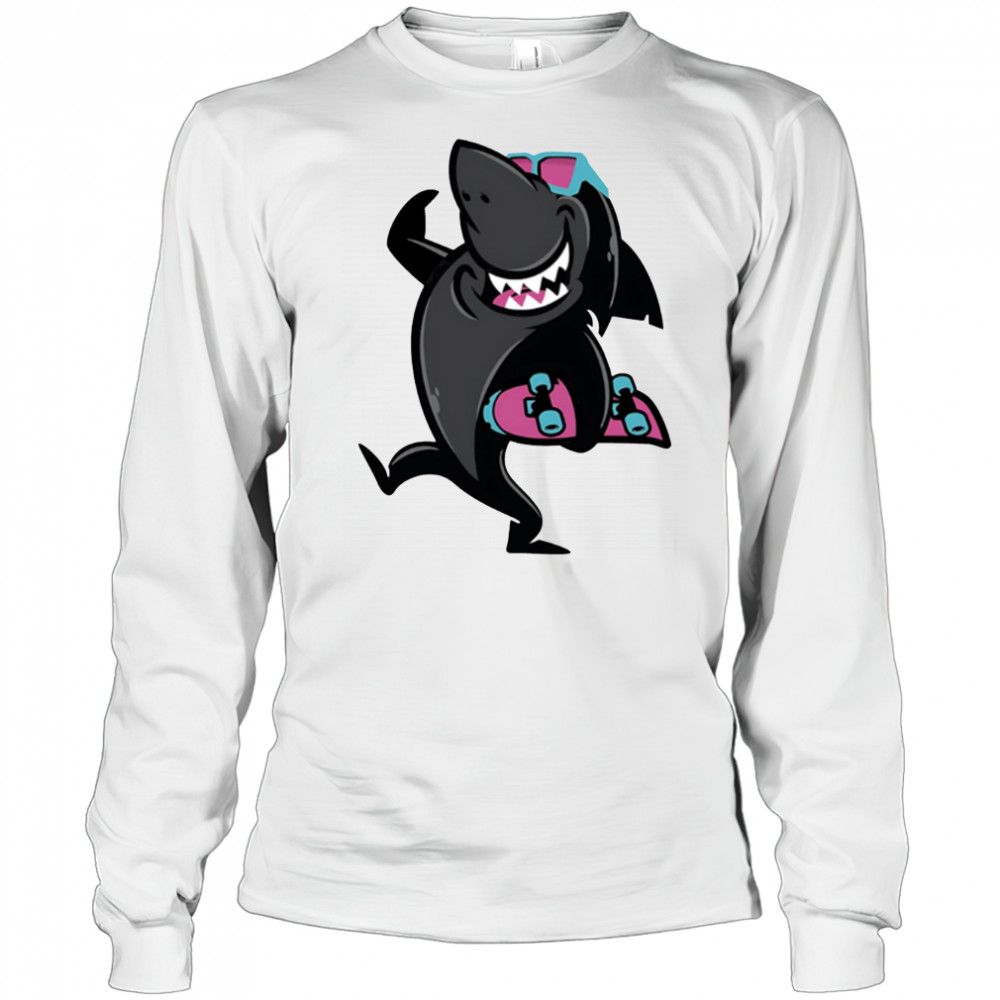 Skate Shark roller skating funny cartoon shirt Long Sleeved